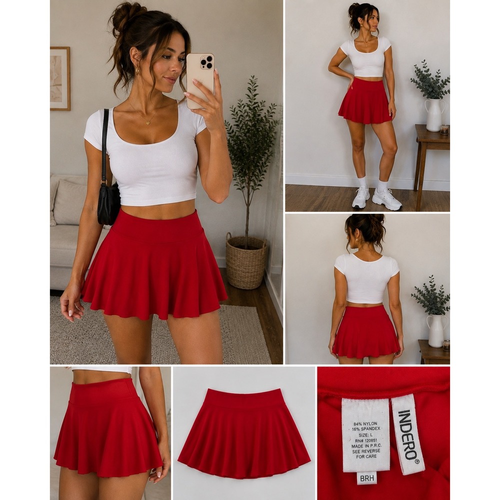 Indero Red Active Skort High Waisted Flared Tennis Skirt with Built-in Shorts L